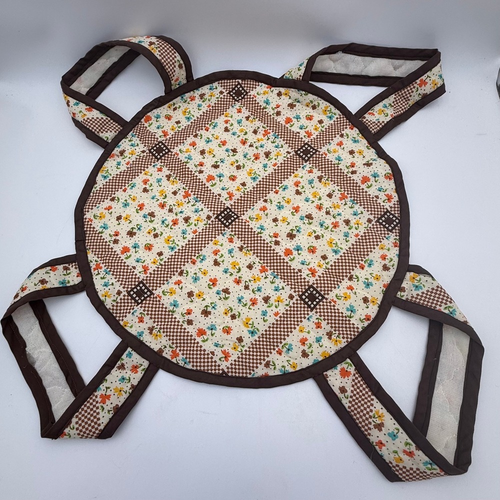 Vintage Quilted Casserole Carrier Floral Checkered Round Fabric Dish Toter Brown
